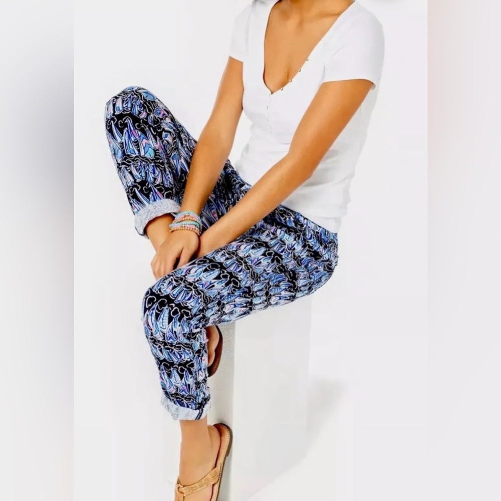 NEW LILLY PULITZER TARON LINEN PANT LOW TIDE NAVY LARGE SAILBOAT PATTERN